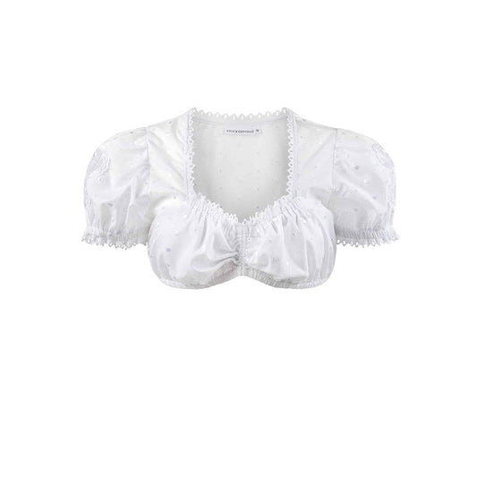 Weiße Dirndlbluse mit Lochstickerei, feiner Spitze am Ausschnitt und regulierbarem Tunnelzug. Spitzeneinsatz an den Ärmeln, junges und elegantes Design.