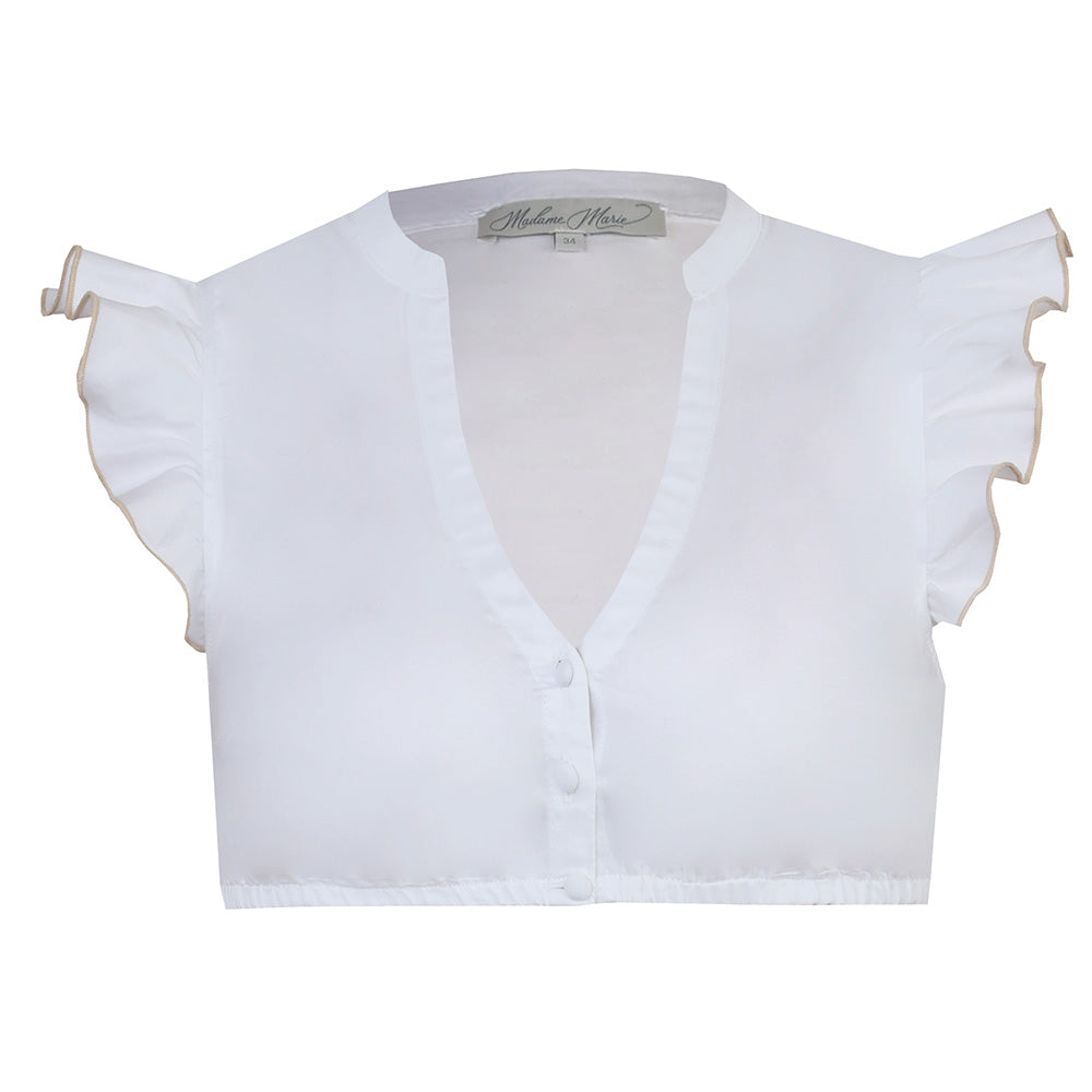Moderne weiße Dirndlbluse mit V-Ausschnitt, Knopfleiste und verspieltem Flügelarm mit taupefarbenem Saum – feminin und stilvoll.