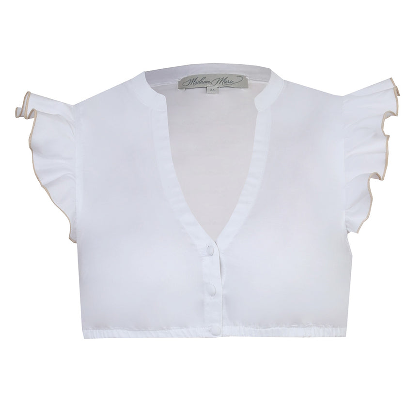 Moderne weiße Dirndlbluse mit V-Ausschnitt, Knopfleiste und verspieltem Flügelarm mit taupefarbenem Saum – feminin und stilvoll.