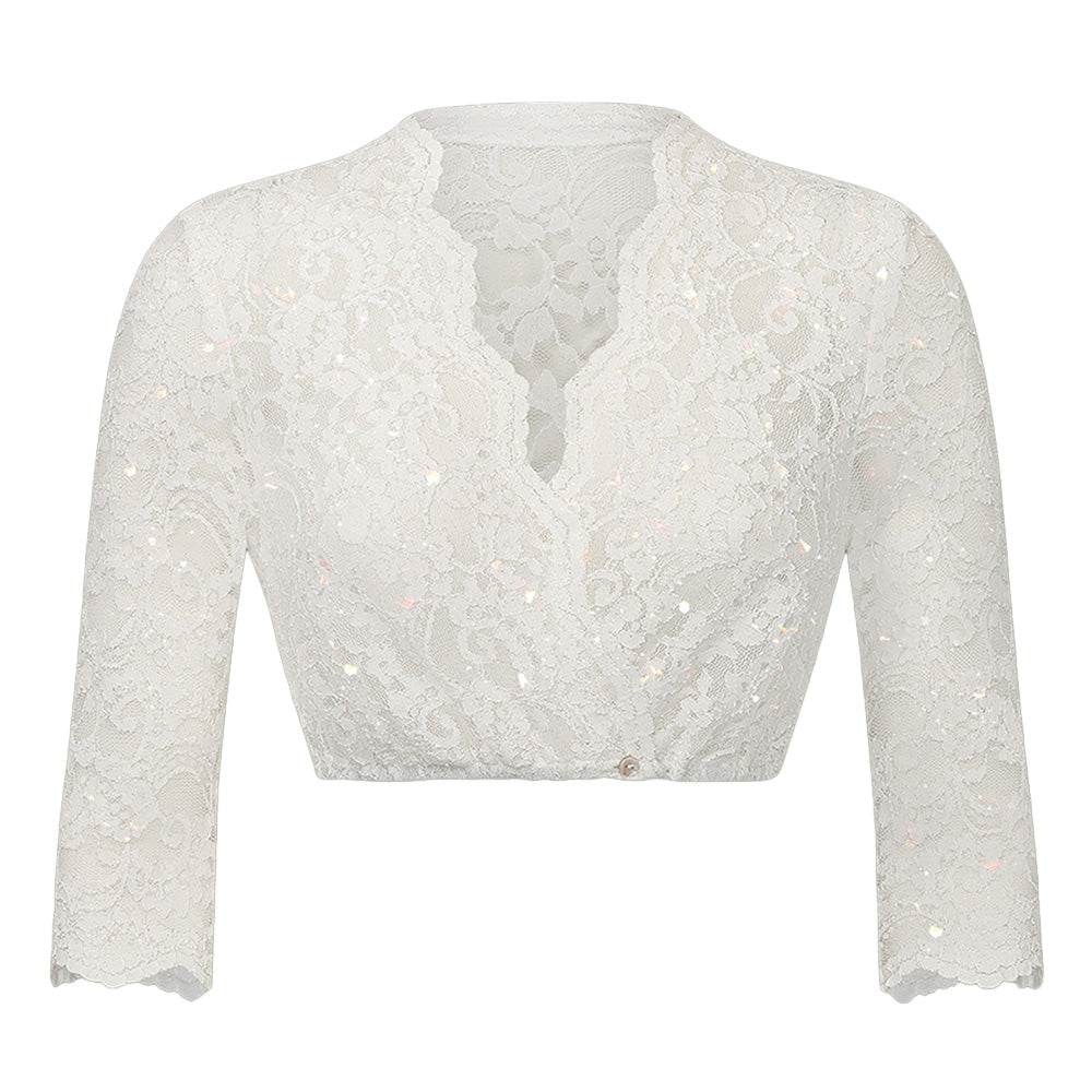 Cremefarbene Dirndlbluse mit 3/4-Arm aus transparenter, glitzernder Spitze, vorne geknöpft und mit tiefem V-Ausschnitt.