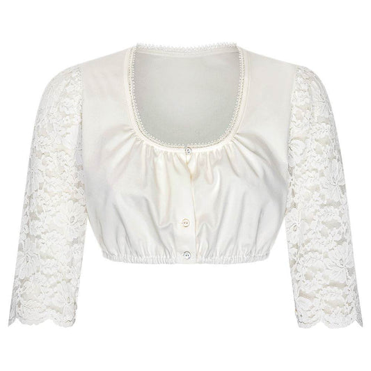 Dirndlbluse in Creme mit 3/4-Arm, Rundhalsausschnitt und zarter Spitze an Ärmeln und Ausschnitt. Die Bluse ist vorne geknöpft und wirkt klassisch und elegant.