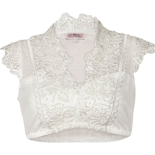Elegante Dirndlbluse in Creme mit angeschnittenen Ärmeln und V-Ausschnitt, verziert mit Bogen-Spitze und feinen Perlen auf dem Spitzenbesatz.