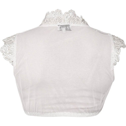 Elegante Dirndlbluse in Creme mit angeschnittenen Ärmeln und V-Ausschnitt, verziert mit Bogen-Spitze und feinen Perlen auf dem Spitzenbesatz.