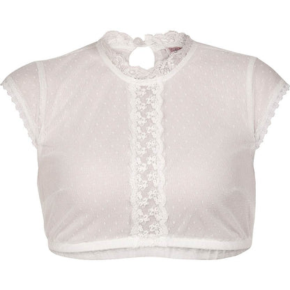 Hochgeschlossene Dirndlbluse in off-white mit Flügelärmeln, Spitzbordüre in der Mitte und Spitzenverzierung am Ausschnitt, leicht und sommerlich im Design.