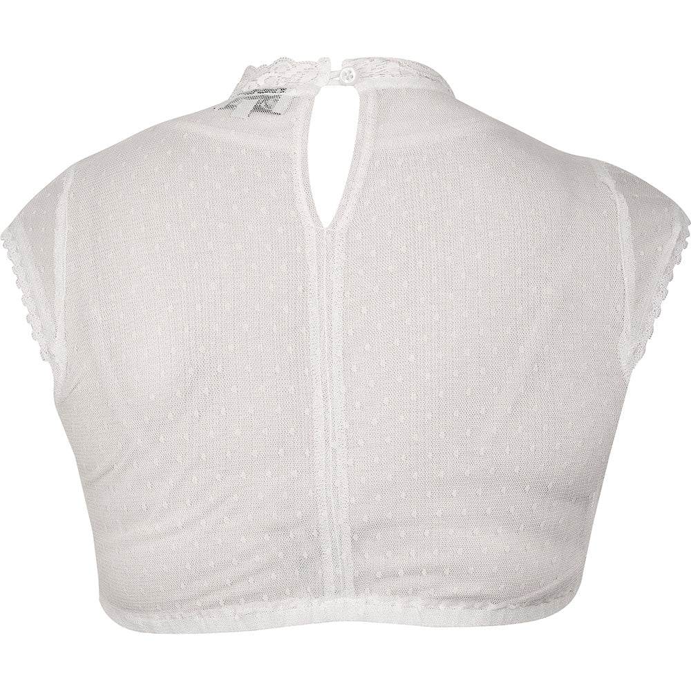 Hochgeschlossene Dirndlbluse in off-white mit Flügelärmeln, Spitzbordüre in der Mitte und Spitzenverzierung am Ausschnitt, leicht und sommerlich im Design.
