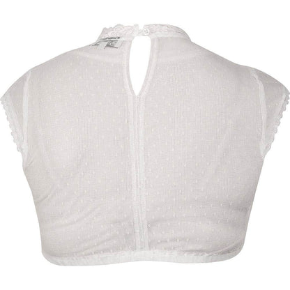 Hochgeschlossene Dirndlbluse in off-white mit Flügelärmeln, Spitzbordüre in der Mitte und Spitzenverzierung am Ausschnitt, leicht und sommerlich im Design.