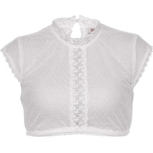 Hochgeschlossene weiße Dirndlbluse mit Flügelärmeln, Spitzbordüre in der Mitte und Spitzenverzierung am Ausschnitt, leicht und sommerlich im Design.