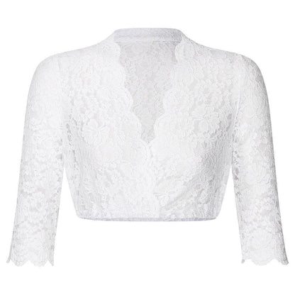 Dirndlbluse mit 3/4-Arm aus feiner Stretch-Spitze, vorne geknöpft, mit V-Ausschnitt, hier in mehreren Farben wie weiß, creme, bordeaux, olivgrün, dunkelblau und schwarz zu sehen.