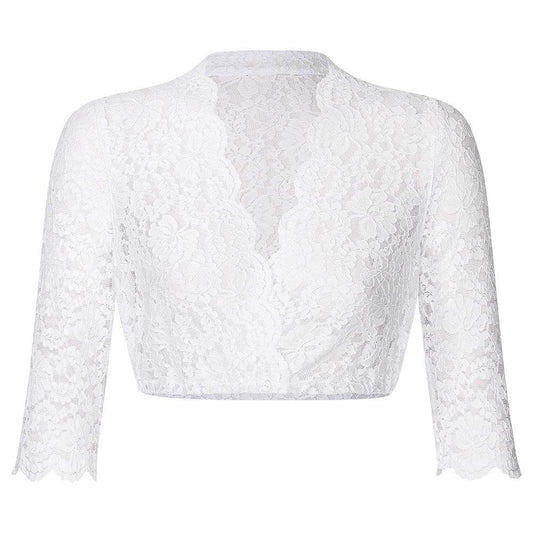 Dirndlbluse mit 3/4-Arm aus feiner Stretch-Spitze, vorne geknöpft, mit V-Ausschnitt, hier in mehreren Farben wie weiß, creme, bordeaux, olivgrün, dunkelblau und schwarz zu sehen.