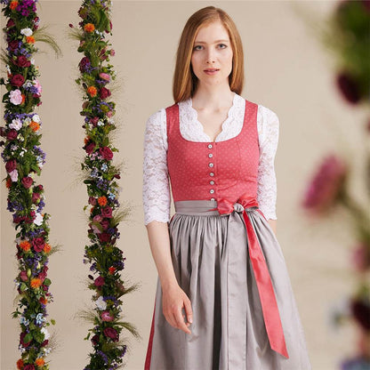 Dirndlbluse mit 3/4-Arm aus feiner Stretch-Spitze, vorne geknöpft, mit V-Ausschnitt, hier in mehreren Farben wie weiß, creme, bordeaux, olivgrün, dunkelblau und schwarz zu sehen.