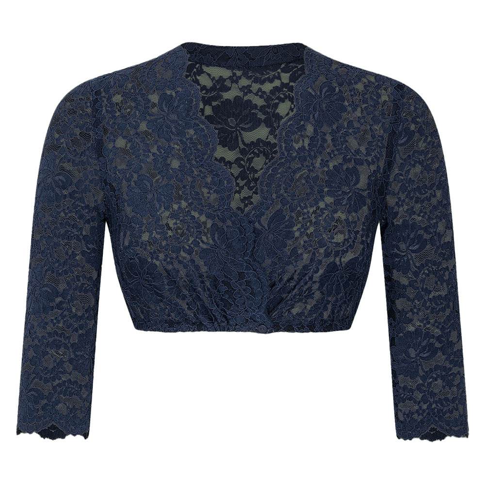 Dirndlbluse mit 3/4-Arm aus feiner Stretch-Spitze, vorne geknöpft, mit V-Ausschnitt, hier in mehreren Farben wie weiß, creme, bordeaux, olivgrün, dunkelblau und schwarz zu sehen.