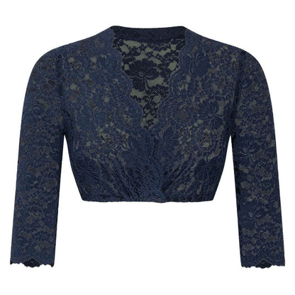 Dirndlbluse mit 3/4-Arm aus feiner Stretch-Spitze, vorne geknöpft, mit V-Ausschnitt, hier in mehreren Farben wie weiß, creme, bordeaux, olivgrün, dunkelblau und schwarz zu sehen.