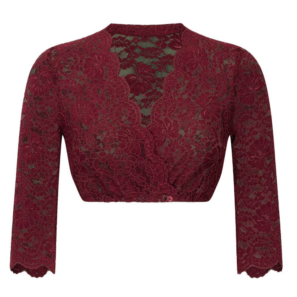 Dirndlbluse mit 3/4-Arm aus feiner Stretch-Spitze, vorne geknöpft, mit V-Ausschnitt, hier in mehreren Farben wie weiß, creme, bordeaux, olivgrün, dunkelblau und schwarz zu sehen.
