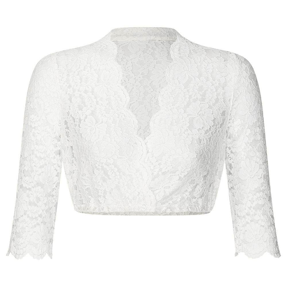 Dirndlbluse mit 3/4-Arm aus feiner Stretch-Spitze, vorne geknöpft, mit V-Ausschnitt, hier in mehreren Farben wie weiß, creme, bordeaux, olivgrün, dunkelblau und schwarz zu sehen.