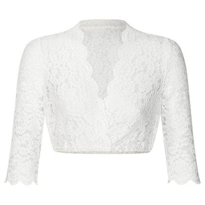 Dirndlbluse mit 3/4-Arm aus feiner Stretch-Spitze, vorne geknöpft, mit V-Ausschnitt, hier in mehreren Farben wie weiß, creme, bordeaux, olivgrün, dunkelblau und schwarz zu sehen.