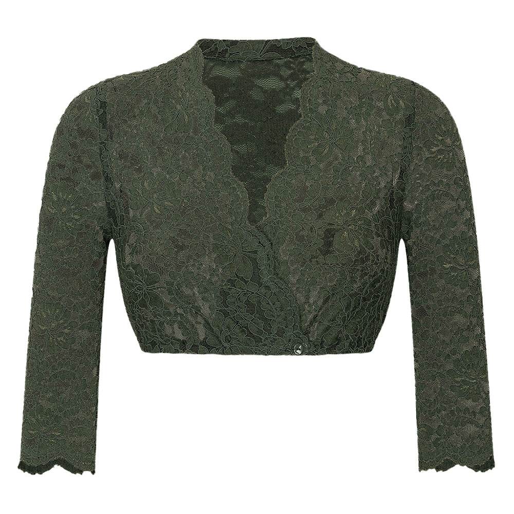 Dirndlbluse mit 3/4-Arm aus feiner Stretch-Spitze, vorne geknöpft, mit V-Ausschnitt, hier in mehreren Farben wie weiß, creme, bordeaux, olivgrün, dunkelblau und schwarz zu sehen.