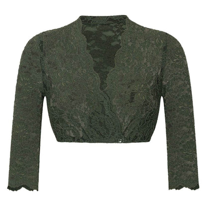 Dirndlbluse mit 3/4-Arm aus feiner Stretch-Spitze, vorne geknöpft, mit V-Ausschnitt, hier in mehreren Farben wie weiß, creme, bordeaux, olivgrün, dunkelblau und schwarz zu sehen.