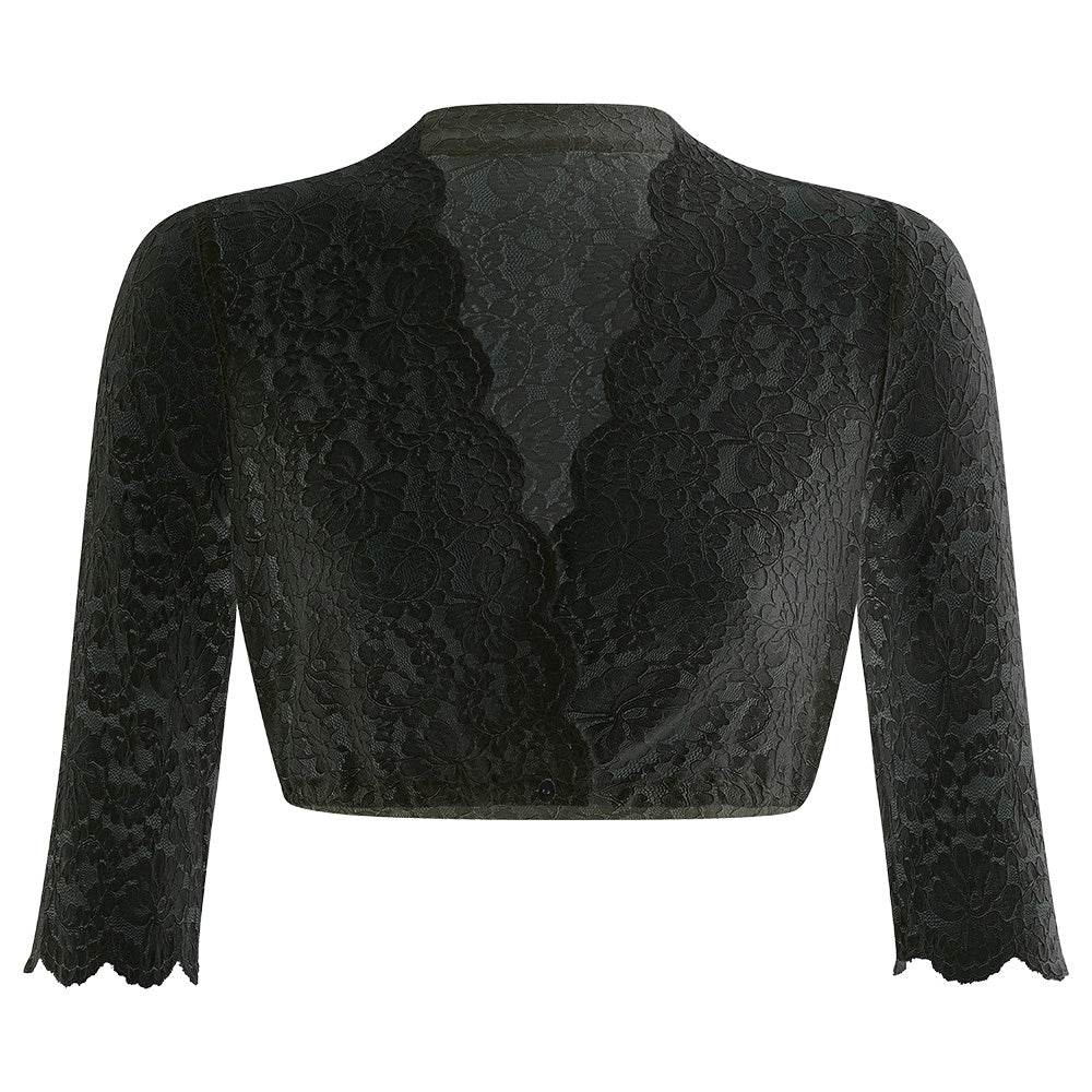 Dirndlbluse mit 3/4-Arm aus feiner Stretch-Spitze, vorne geknöpft, mit V-Ausschnitt, hier in mehreren Farben wie weiß, creme, bordeaux, olivgrün, dunkelblau und schwarz zu sehen.