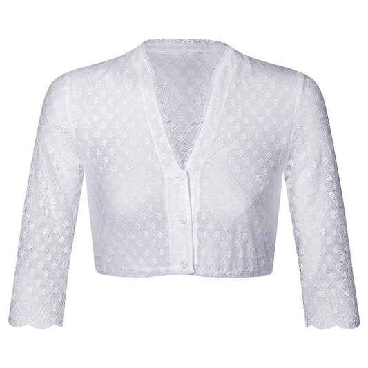 Weiße Dirndlbluse mit 3/4-Ärmeln aus zarter Spitze, vorne mit Knopfleiste. Die Ärmelenden sind mit einem feinen Bogenrand verziert, V-Ausschnitt für vielseitige Kombinationen.