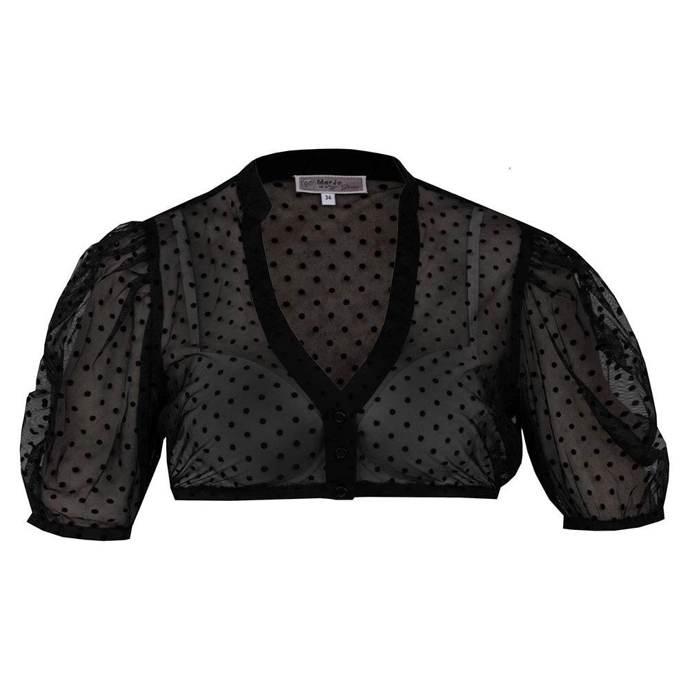 Halbtransparente schwarze Dirndlbluse mit kurzem Arm und V-Ausschnitt, schlicht und elegant, ohne sichtbare Verzierungen.