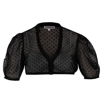 Halbtransparente schwarze Dirndlbluse mit kurzem Arm und V-Ausschnitt, schlicht und elegant, ohne sichtbare Verzierungen.