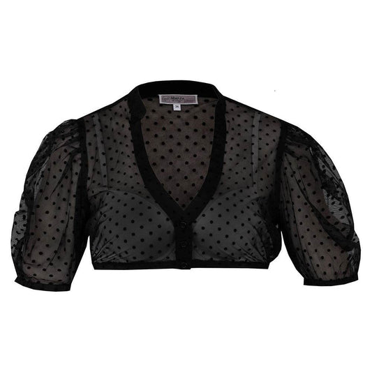 Halbtransparente schwarze Dirndlbluse mit kurzem Arm und V-Ausschnitt, schlicht und elegant, ohne sichtbare Verzierungen.
