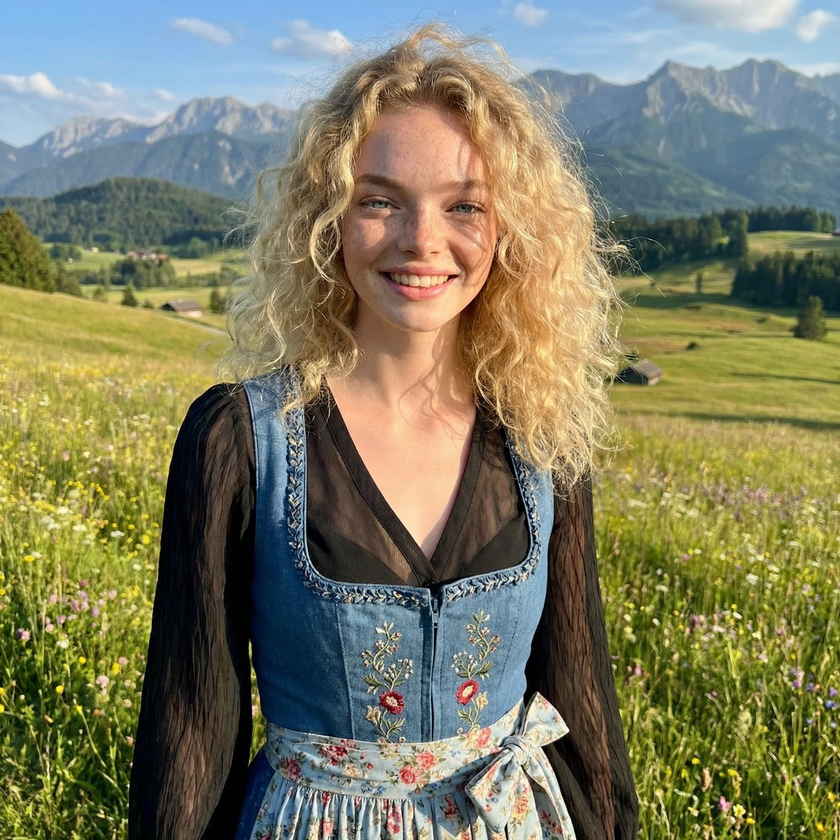 Schwarze Dirndlbluse mit V-Ausschnitt kombiniert mit einem Denim-Dirndl mit floralem Stick.