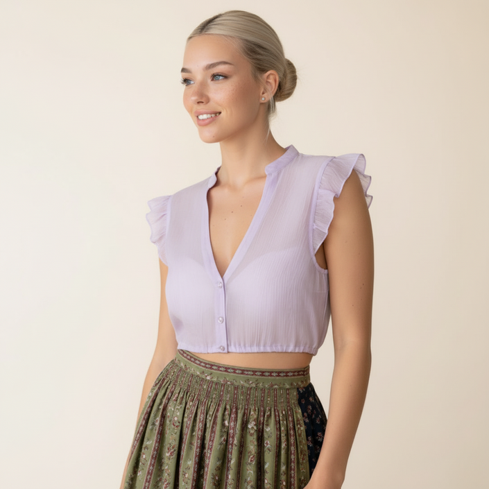 Eine Dirndlbluse in sanftem Flieder mit zarten Flügelärmeln.