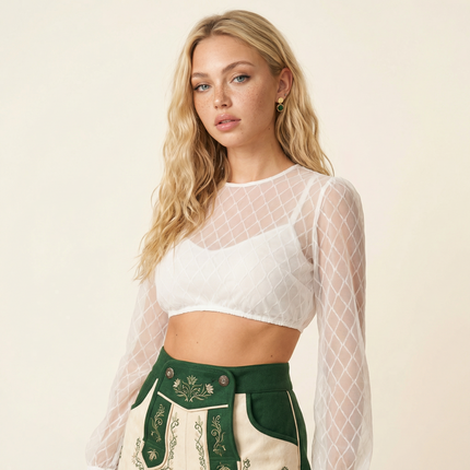 Halbtransparente Dirndlbluse in off-white mit zartem Rautenmuster und langen Ärmeln