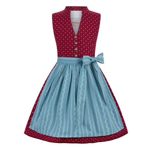 Kinderdirndl mit hochgeschlossenem Schnitt, V-Ausschnitt und Knöpfen am Mieder. Bordeauxfarbenes Blümchenmuster und farblich abgestimmte blaue Schürze.