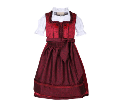 Festliches Kinderdirndl in Rot mit allover Ornamentenmuster, Reißverschluss und Schnürung am Mieder, verspielte kleine Röschen am Oberteil, dazu Spitzenschürze und passende Bluse.