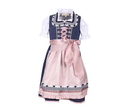 Süßes Kinderdirndl in Blau und Rosé mit floralem Muster, Reißverschluss und Schnürung am Mieder, verspielte kleine Röschen, aufwendige Borten und passende Bluse.