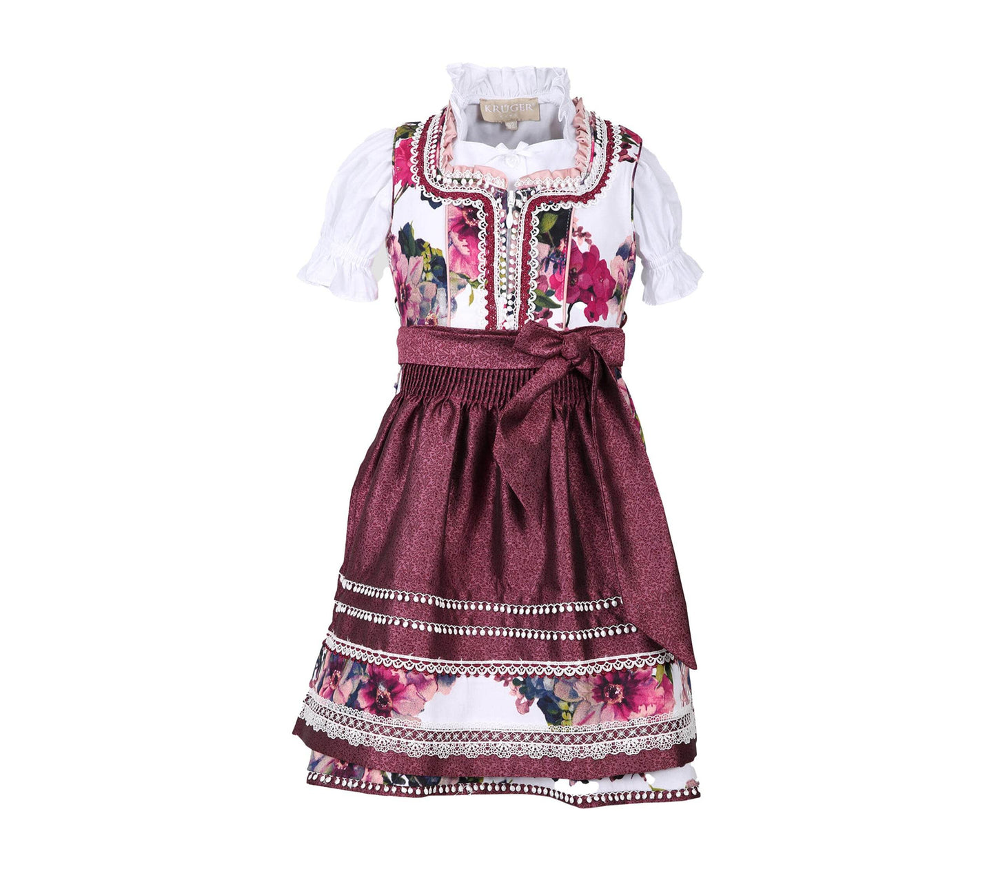 Wunderschönes Kinderdirndl in Beere und Weiß mit floralem Muster, Reißverschluss am Mieder, zart schimmernde Schürze und verspielte Borten, inklusive passender Bluse.