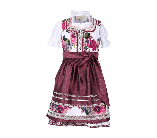 Wunderschönes Kinderdirndl in Beere und Weiß mit floralem Muster, Reißverschluss am Mieder, zart schimmernde Schürze und verspielte Borten, inklusive passender Bluse.