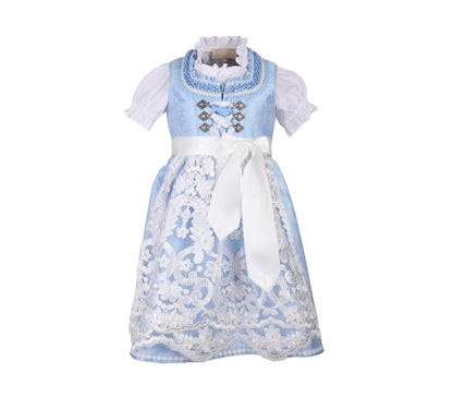 Festliches Kinderdirndl mit allover Ornamentenmuster, Reißverschluss und Schnürung am Mieder, dazu eine Spitzenschürze und eine passende Bluse mit langen Ärmeln.