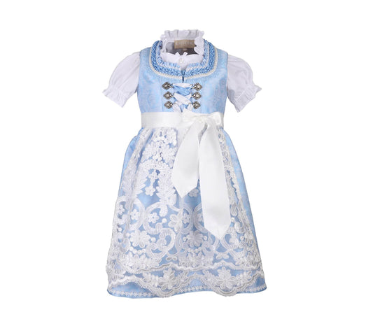 Festliches Kinderdirndl mit allover Ornamentenmuster, Reißverschluss und Schnürung am Mieder, dazu eine Spitzenschürze und eine passende Bluse mit langen Ärmeln.