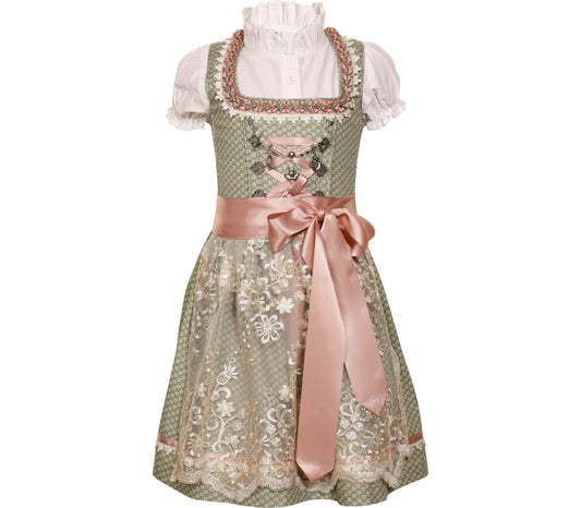 Süßes Kinderdirndl in Lindgrün und Rosé mit Blumenmuster am Mieder, Schnürung und farblich passender Froschgoscherl-Borte am Ausschnitt. Dazu eine feine cremefarbene Spitzenschürze mit rosa Schleife und abnehmbarem Charivari. Die Bluse hat mittig Knöpfe, der Nahtreißverschluss sitzt an der Seite.