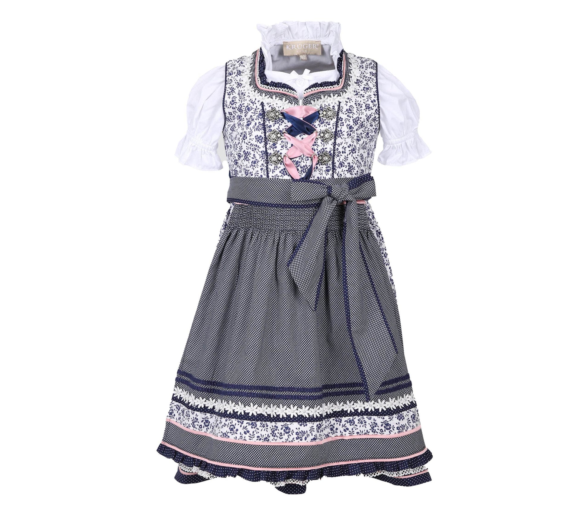 Kinderdirndl in Blau und Weiß mit ganzflächigem Blumenmuster, Reißverschluss am Mieder und verspielter Schnürung. Das Dirndl zeigt aufwendige Borten und eine passende Bluse.