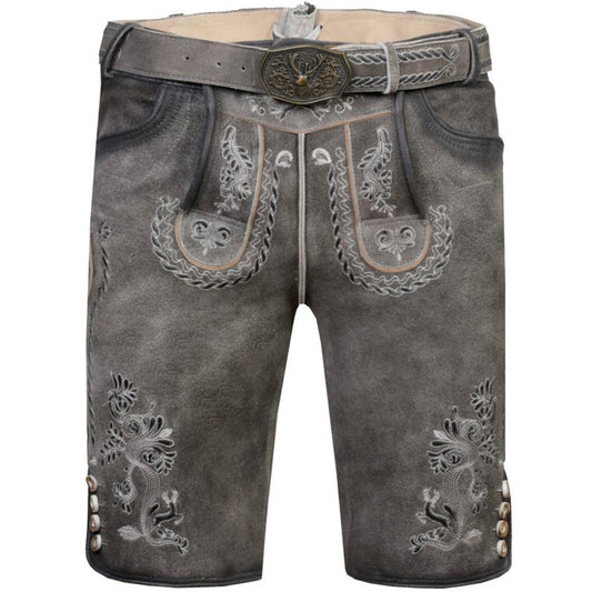 Kurze Trachtenlederhose in Felsbraun aus Ziegenveloursleder mit klassischem Latz, floralen Stickereien und rustikalen Hirschhornknöpfen.