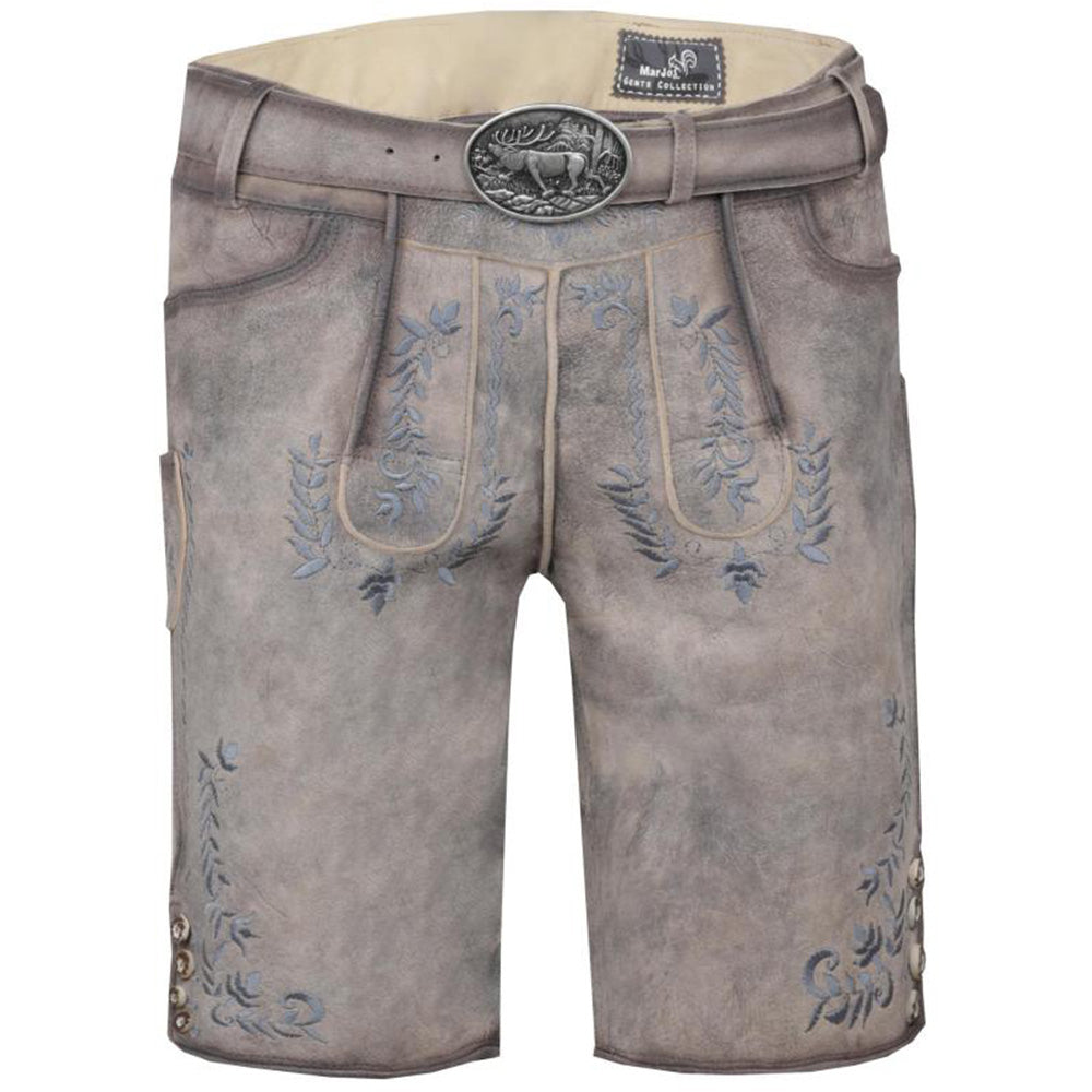 Kurze Trachtenlederhose in Steingrau/Denim mit rundem Latz, floralen Stickereien und rustikalem Used-Look – modern interpretiert im traditionellen Stil.