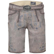 Kurze Trachtenlederhose in Steingrau/Denim mit rundem Latz, floralen Stickereien und rustikalem Used-Look – modern interpretiert im traditionellen Stil.