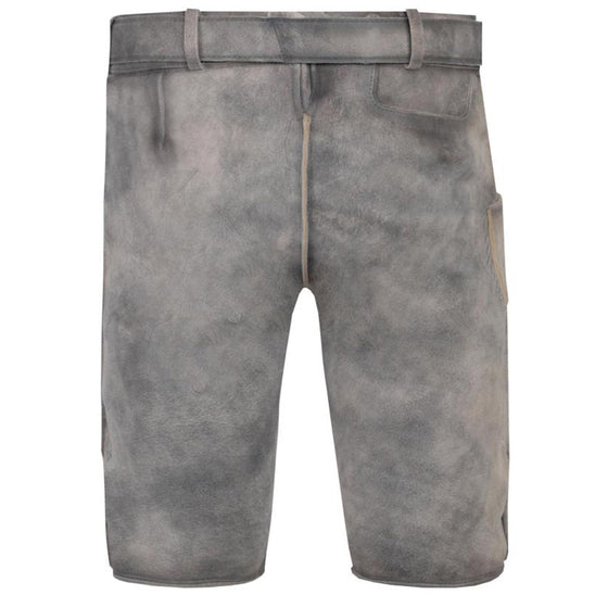 Kurze Trachtenlederhose in Steingrau/Denim mit rundem Latz, floralen Stickereien und rustikalem Used-Look – modern interpretiert im traditionellen Stil.