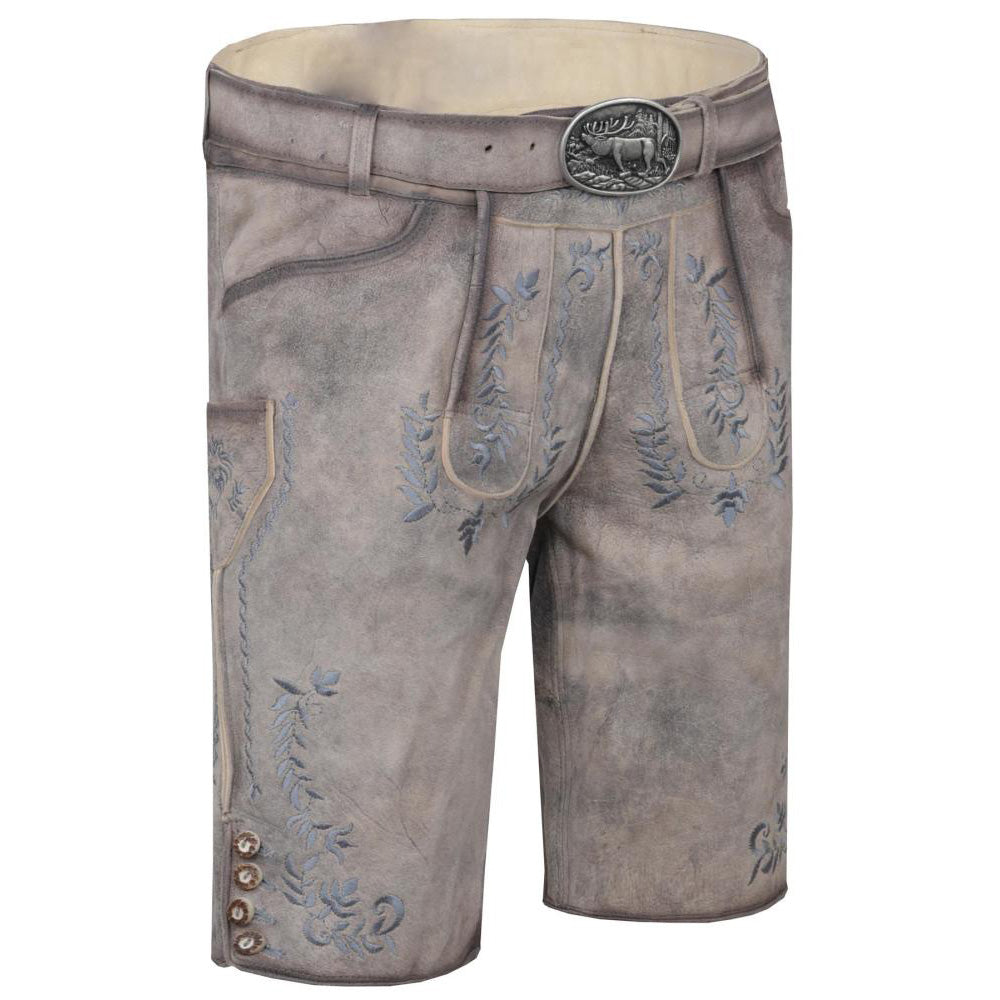 Kurze Trachtenlederhose in Steingrau/Denim mit rundem Latz, floralen Stickereien und rustikalem Used-Look – modern interpretiert im traditionellen Stil.