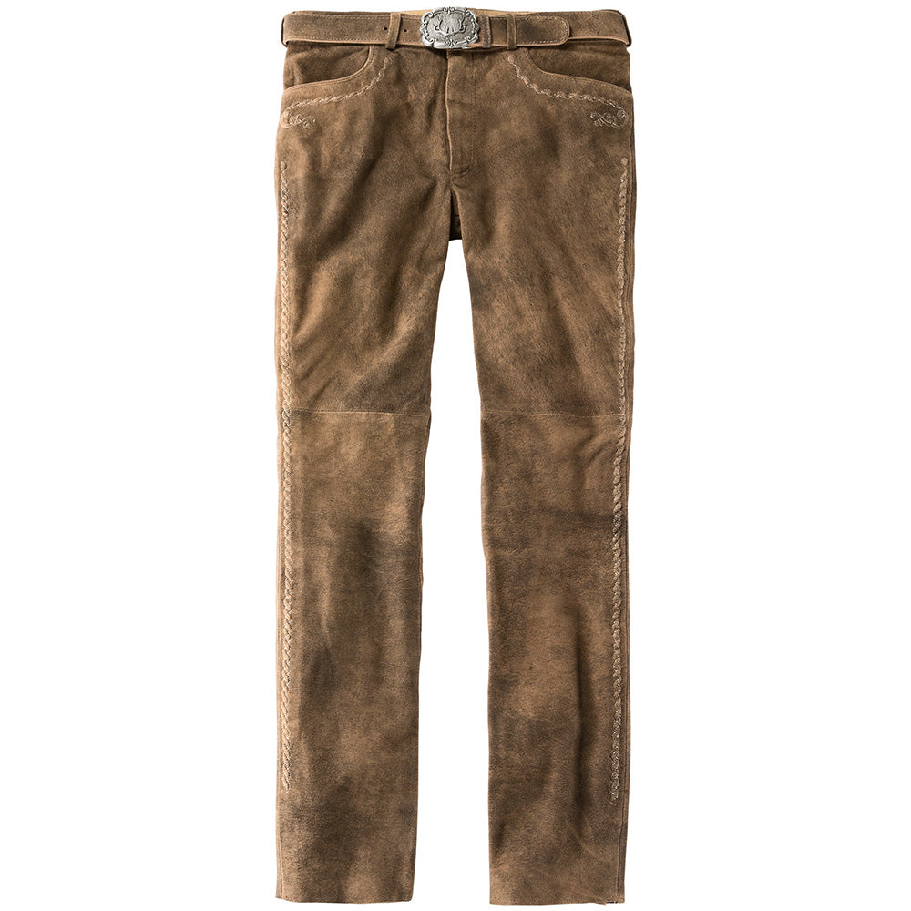 Lange Trachtenlederhose in edler Hirschoptik aus Wildbock-Ziegenleder mit traditionellen Stickereien und Hornknöpfen – rustikal und hochwertig.