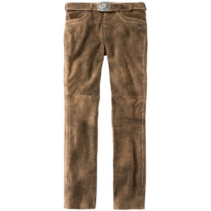 Lange Trachtenlederhose in edler Hirschoptik aus Wildbock-Ziegenleder mit traditionellen Stickereien und Hornknöpfen – rustikal und hochwertig.