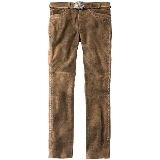 Lange Trachtenlederhose in edler Hirschoptik aus Wildbock-Ziegenleder mit traditionellen Stickereien und Hornknöpfen – rustikal und hochwertig.
