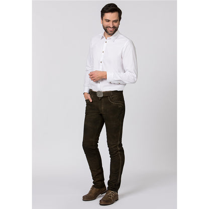 Lange Trachtenlederhose in edler Hirschoptik aus Wildbock-Ziegenleder mit traditionellen Stickereien und Hornknöpfen – rustikal und hochwertig.