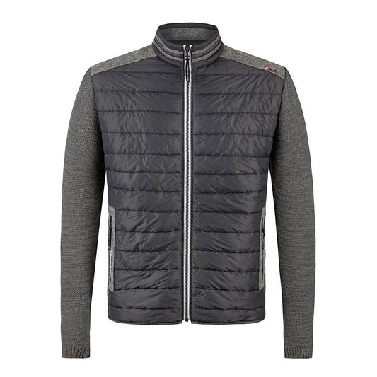 Herren-Outdoorjacke in Grau mit Stehkragen, Schulterbesatz und Ärmeln mit Loden-Patches, geradem Schnitt und sportlichem Look.