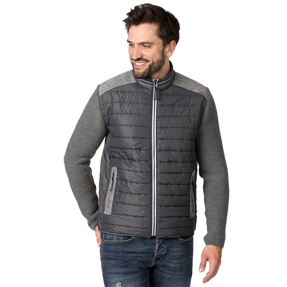 Herren-Outdoorjacke in Grau mit Stehkragen, Schulterbesatz und Ärmeln mit Loden-Patches, geradem Schnitt und sportlichem Look.