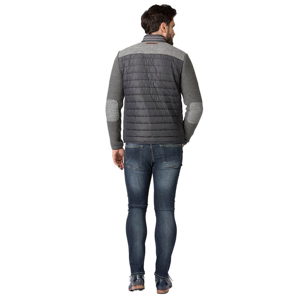 Herren-Outdoorjacke in Grau mit Stehkragen, Schulterbesatz und Ärmeln mit Loden-Patches, geradem Schnitt und sportlichem Look.